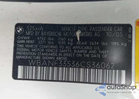 2006 BMW 525Xi из США, поврежденный, VIN WBANF33536CS36062